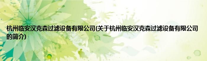 杭州临安汉克森过滤设备有限公司(关于杭州临安汉克森过滤设备有限公司的简介)
